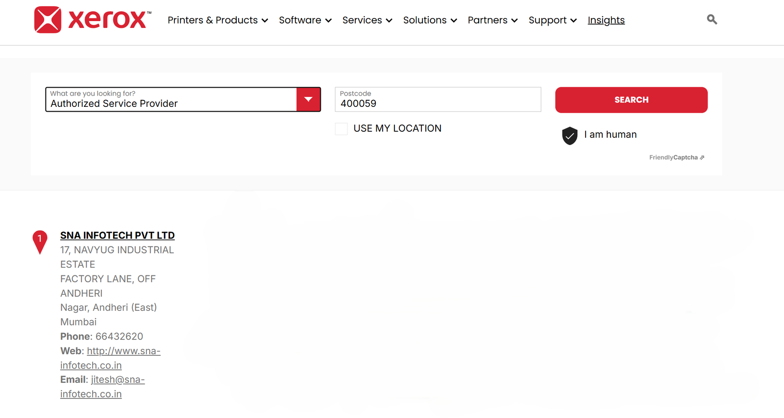 SNA Infotech Pvt Ltd listing on Xerox's official dealer locator as an Authorized Service Provider, India